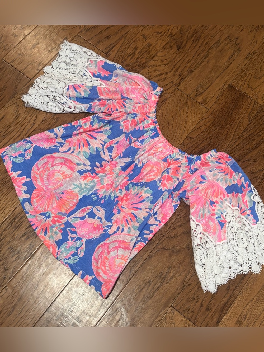 Lilly Pulitzer Girls' Floral Off- Shoulder Top - Pink & Blue xsmall